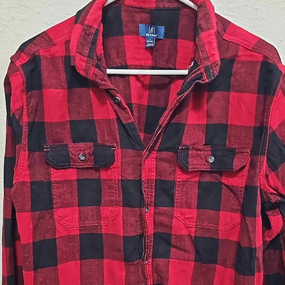 George Red and Black Plaid Casual Button Down Shirt